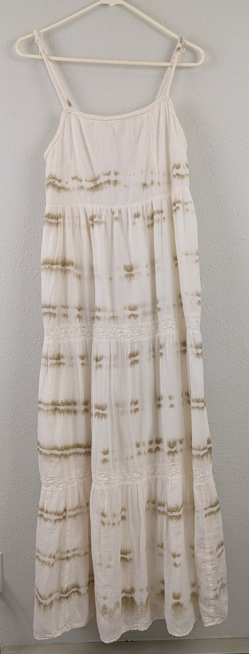 Aerie sz L Maxi Dress sleeveless tank ivory brown layered tie back 0936